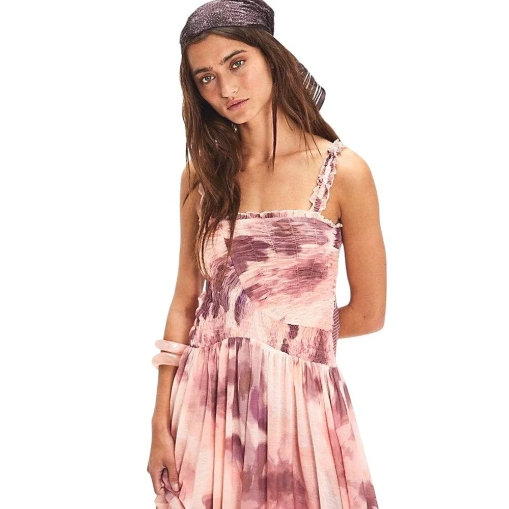 Free People‎ Tessa Smocked Midi Dress Soft Combo Floral Print Ruffle NWOT M